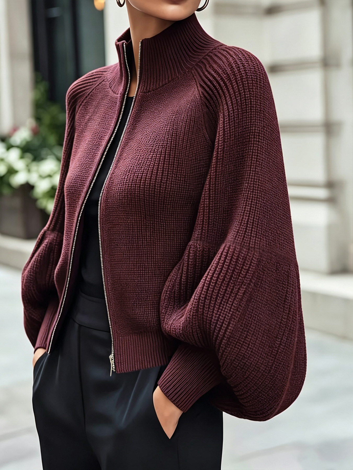 Women High Neck Knitted Cardigan with Lantern Sleeves - Image 2