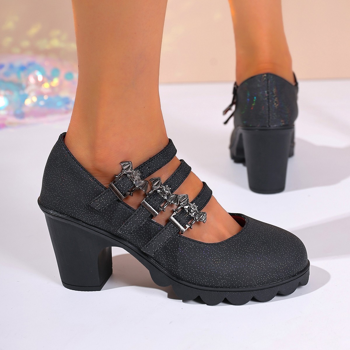 Thick-soled square-toe flat-top strap-covered high-heeled sandals - Image 2