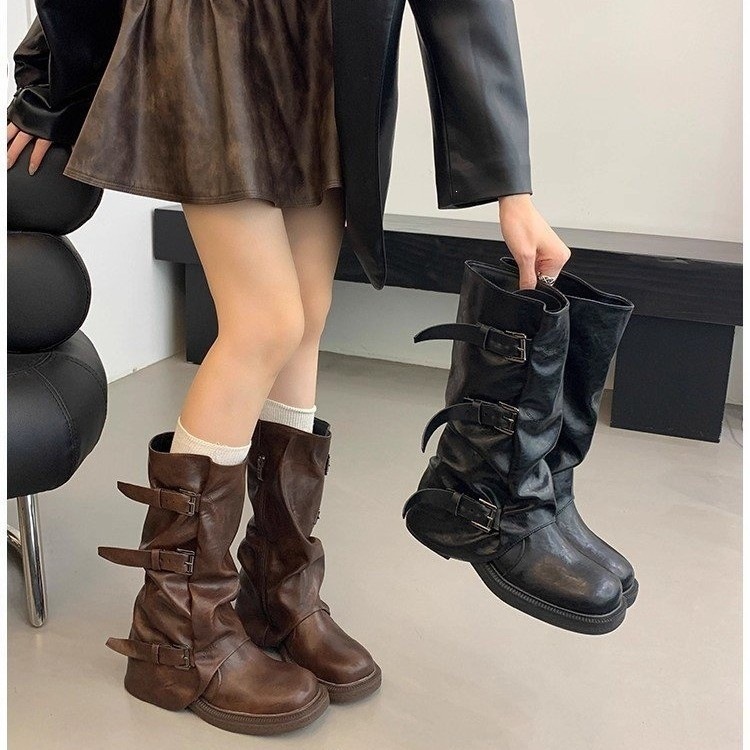 Womens Square Toe Chunky Heel Mid Calf Boots - Image 3