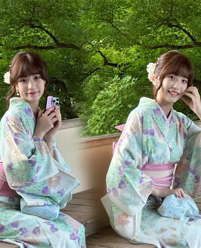 The Laure Light Blue Long Kimono Yukata Dress with Girdle and Fan Headdress – La Rose Couture Dresses & Gowns