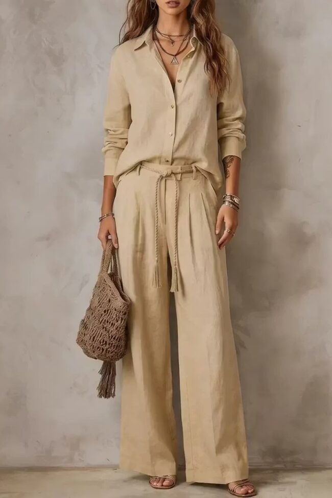 The Fleur Sleeveless Shirt and Wide Leg Pants Set Detail – La Rose Couture Trousers & Skirts
