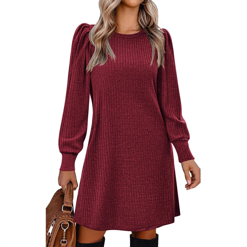 Solid Color Round Neck Puff Sleeve Mid-Length Dress - Image 2