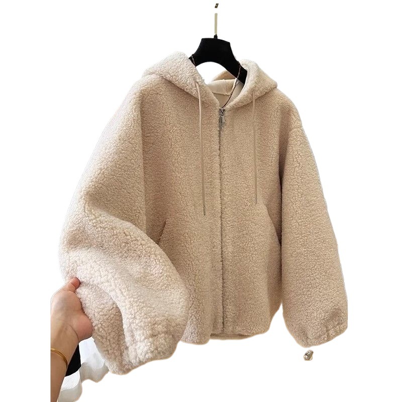 Solid Color Hooded Lamb Wool Coat Loose Fit Long Sleeve Outerwear - Image 4