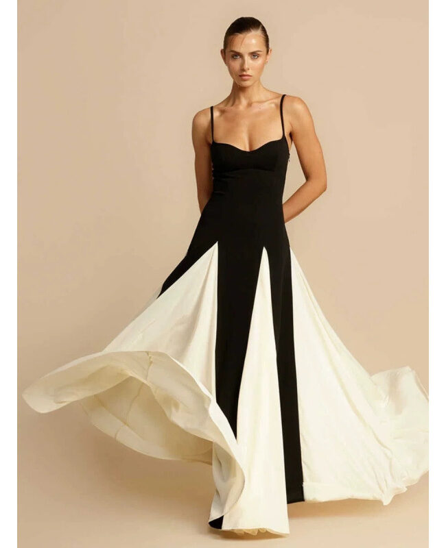 The Zephyrine Parisian Black White Color Block Slim Fit Long Dress Detail – La Rose Couture Dresses & Gowns