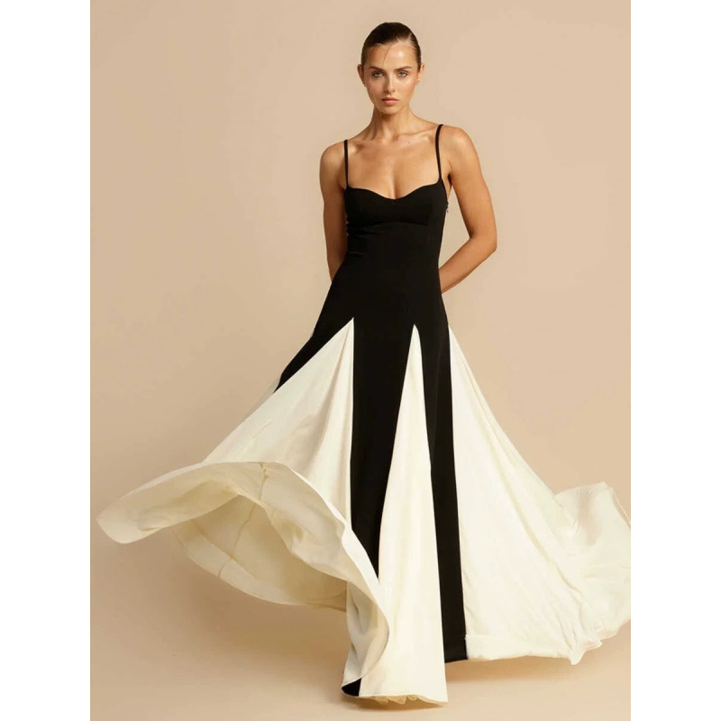 French Style Black White Color Block Slim Fit Long Dress - Image 2