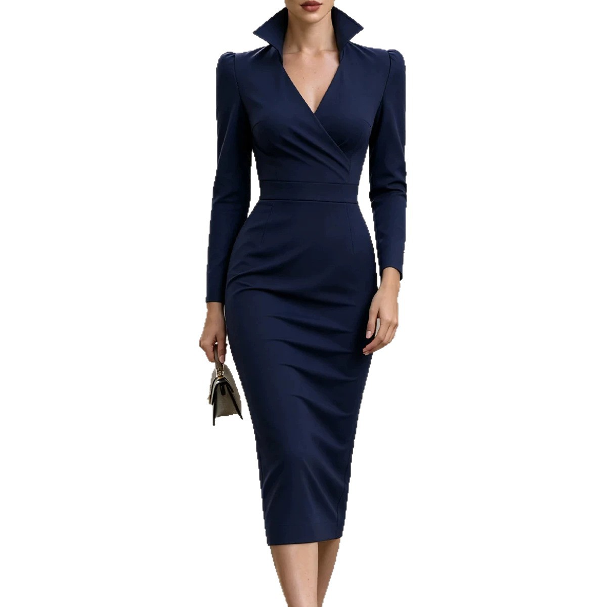 Women's Stand Collar V-Neck Long Sleeve Bodycon Midi Dress - Image 2