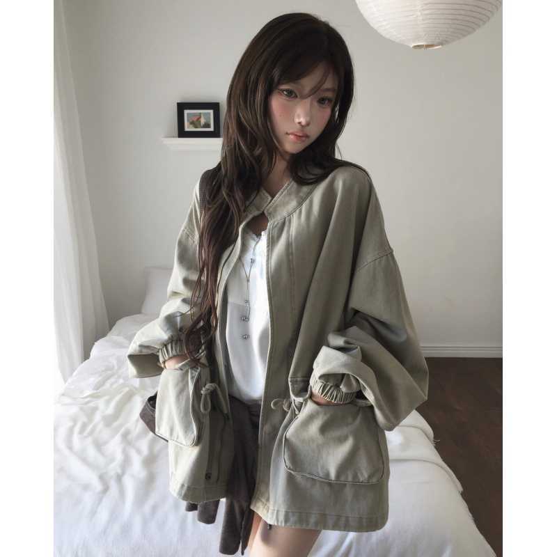 Womens Stand Collar Loose Pocket Coat - Image 2