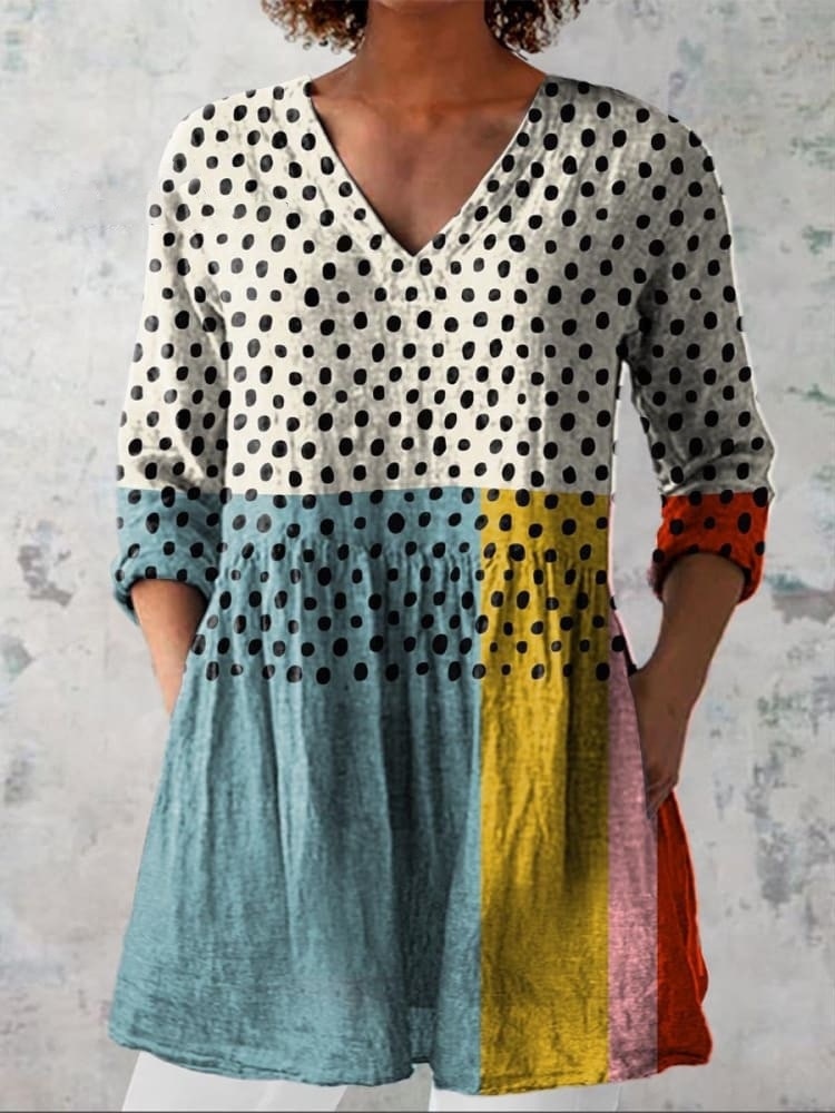Women's Printed V-Neck Mid-Sleeve Loose T-Shirt - Image 2