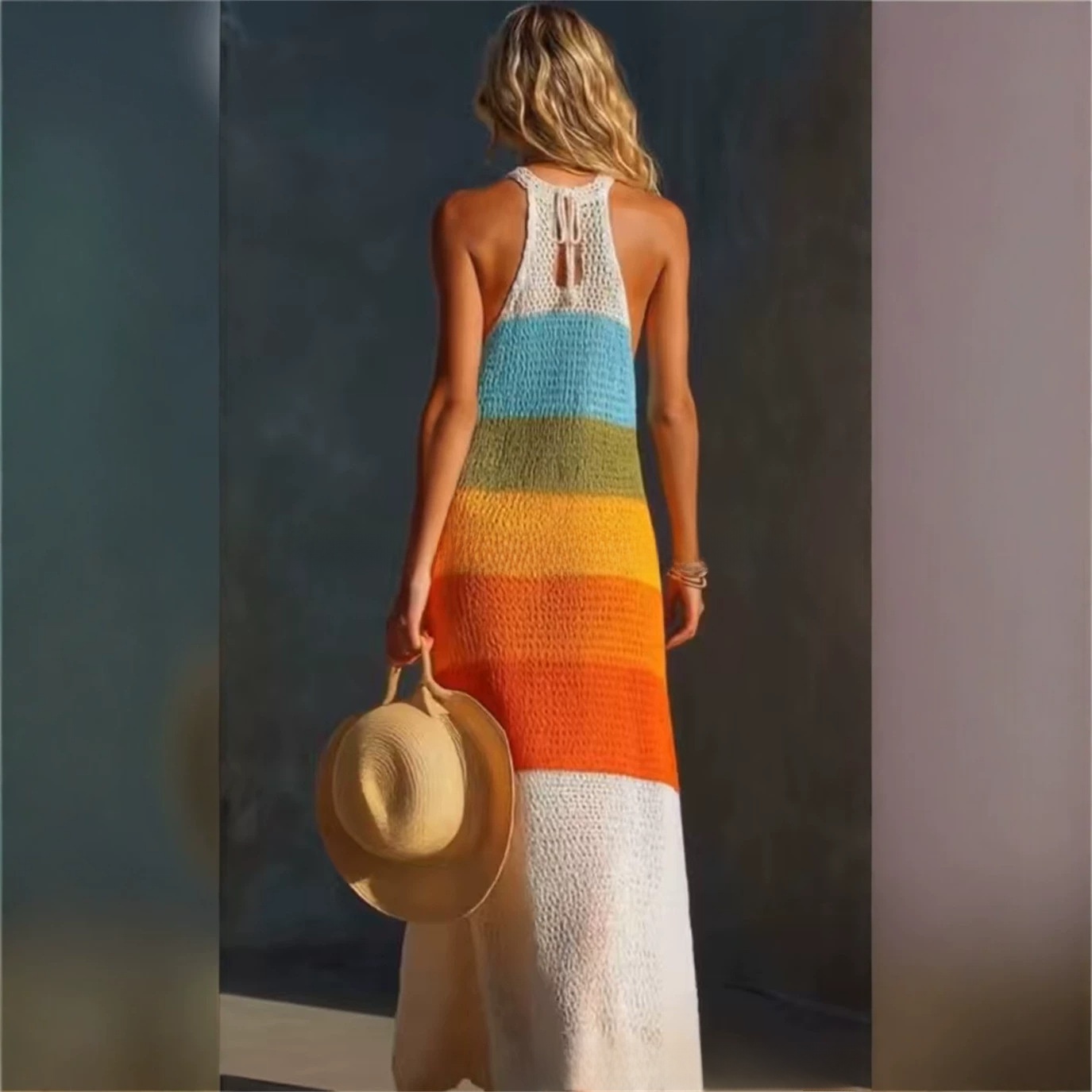 Wide-striped patchwork round-neck sleeveless knitted fitted long dress - Image 2