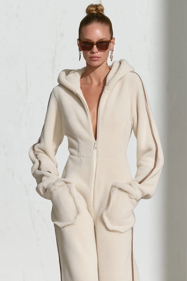 The Eleonore Hooded Zip Up Faux Shearling Jumpsuit Detail – La Rose Couture Dresses & Gowns
