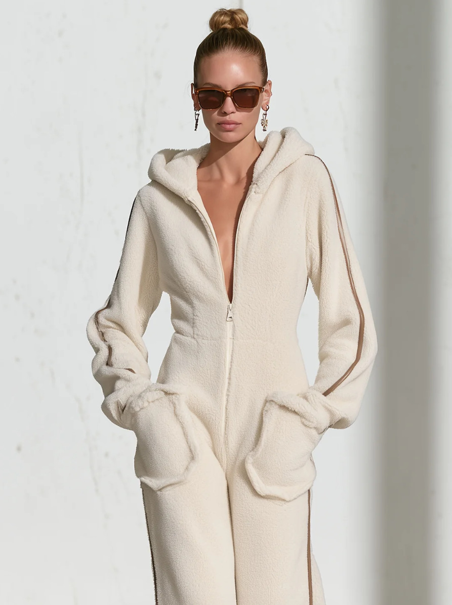 Hooded Zip-Up Faux Shearling Jumpsuit - Image 5