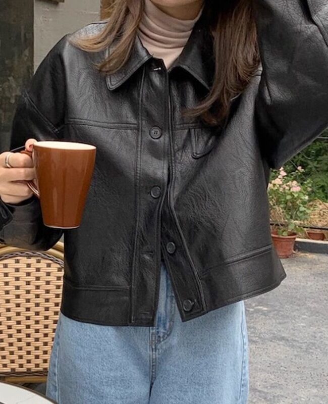 The Laurene Vintage Pu Leather Jacket Stand Collar Long Sleeve Zip Up Short Coat Detail – La Rose Couture Coats & Jackets