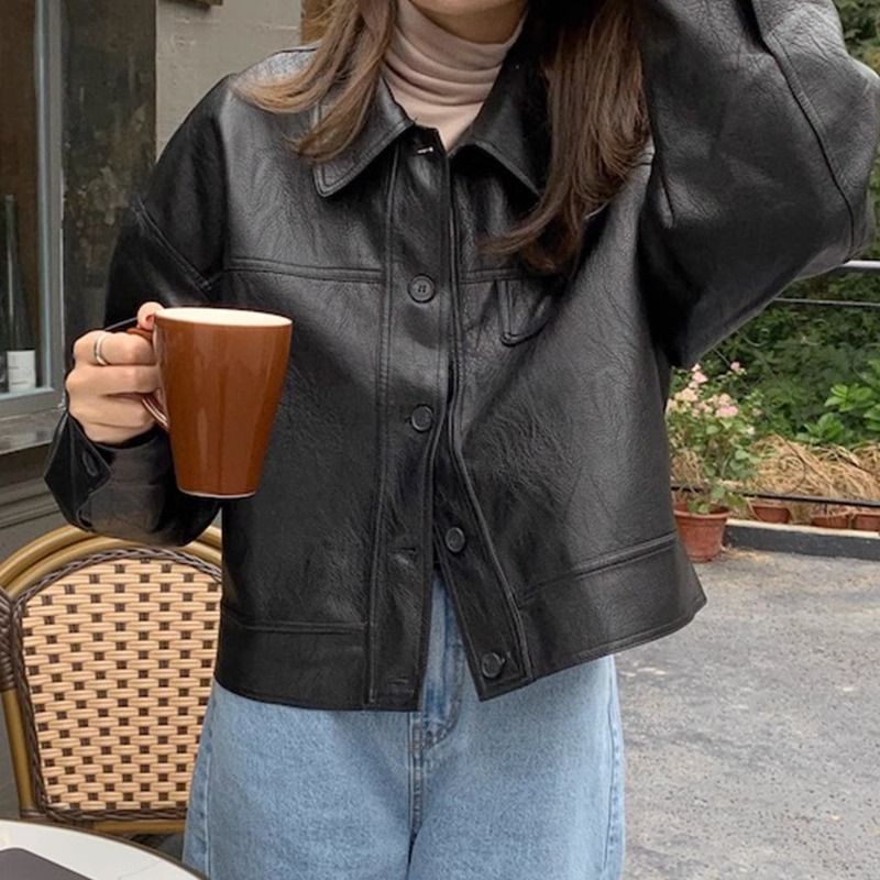 Women's Vintage PU Leather Jacket Stand Collar Long Sleeve Zip-Up Short Coat - Image 3