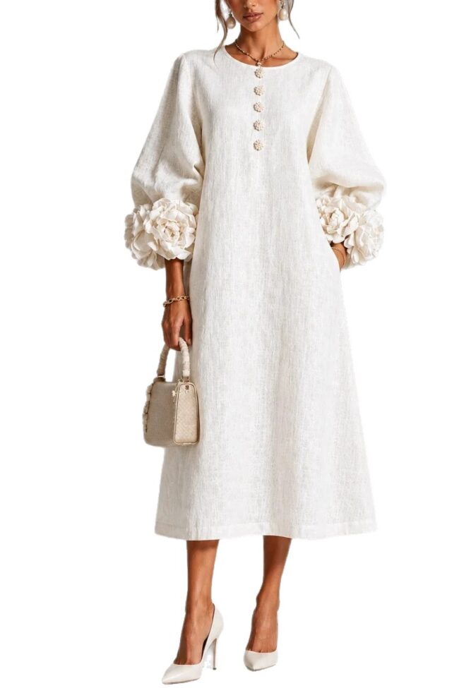 The Marine Elegant Floral Sleeve Cotton Linen Dress Detail – La Rose Couture Dresses & Gowns