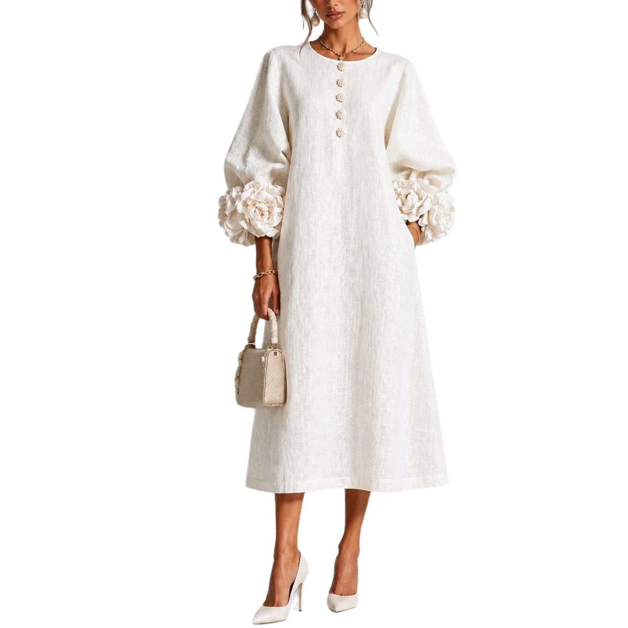 Elegant Floral Sleeve Cotton Linen Dress - Image 5