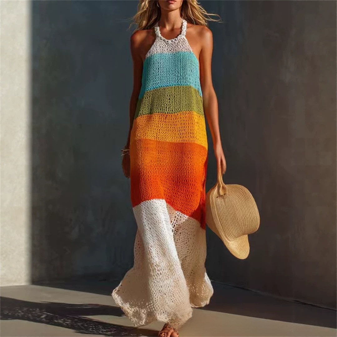 Large Stripe Patchwork Round Neck Sleeveless Knit Long Dress - Image 3