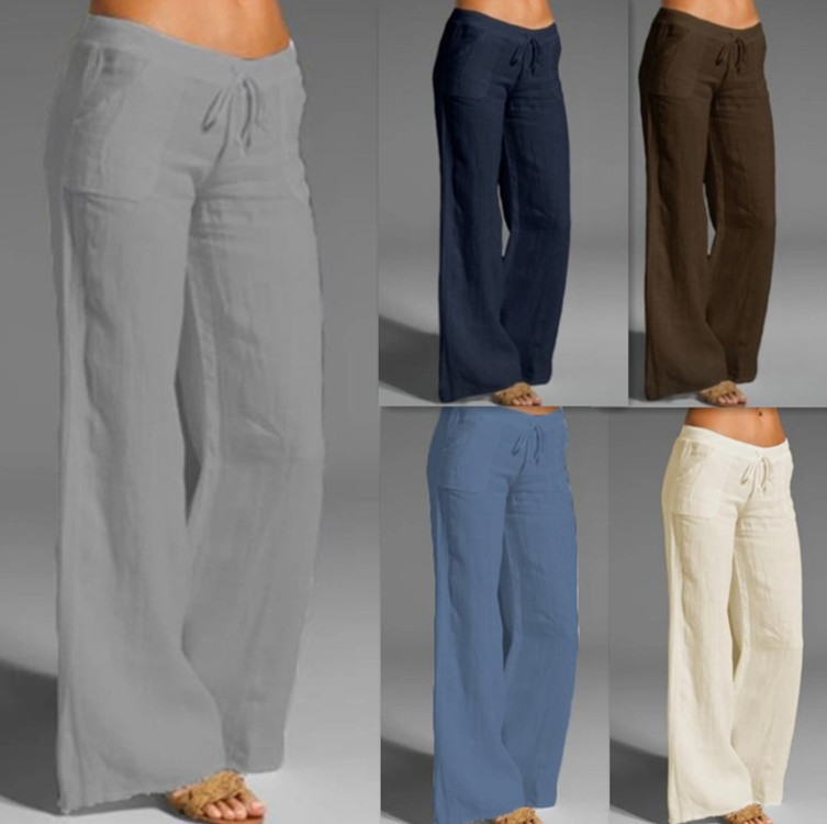 Womens Solid Color Cotton Linen Wide Leg Pants