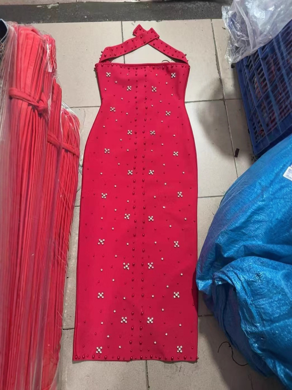 Womens Sexy Halterneck Pearl Bandage Bodycon Dress - Image 2