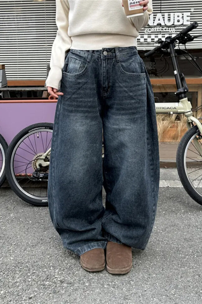The Sylvie ‘s Retro Washed Wide Leg Buttoned Hem Denim Jeans – La Rose Couture Trousers & Skirts
