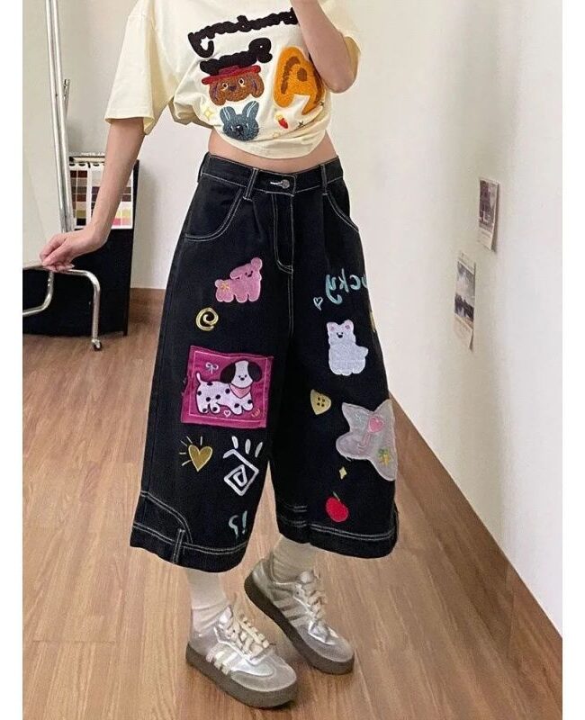 The Yvette Embroidered Denim Wide Leg Cropped Pants – La Rose Couture Trousers & Skirts