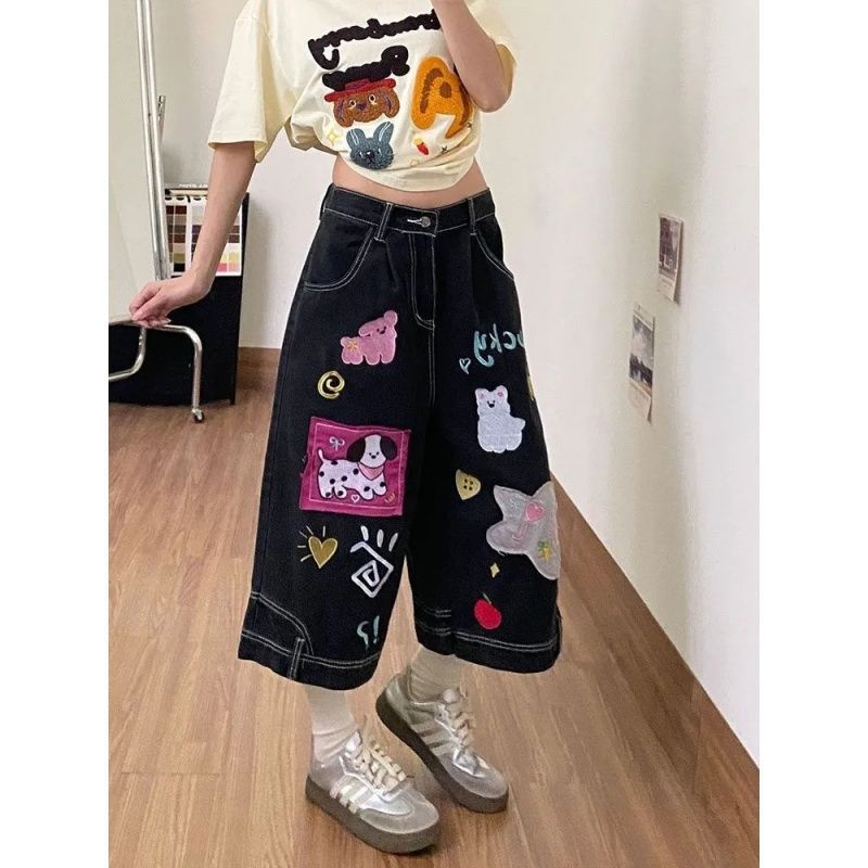 Womens Embroidered Denim Wide Leg Cropped Pants