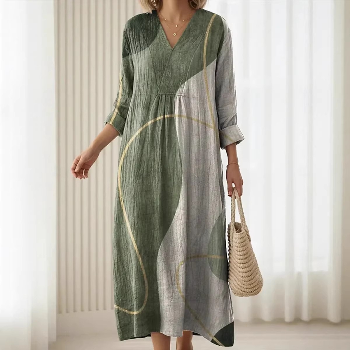 3D Printed Womens V-Neck Patchwork Long Dress - Image 3
