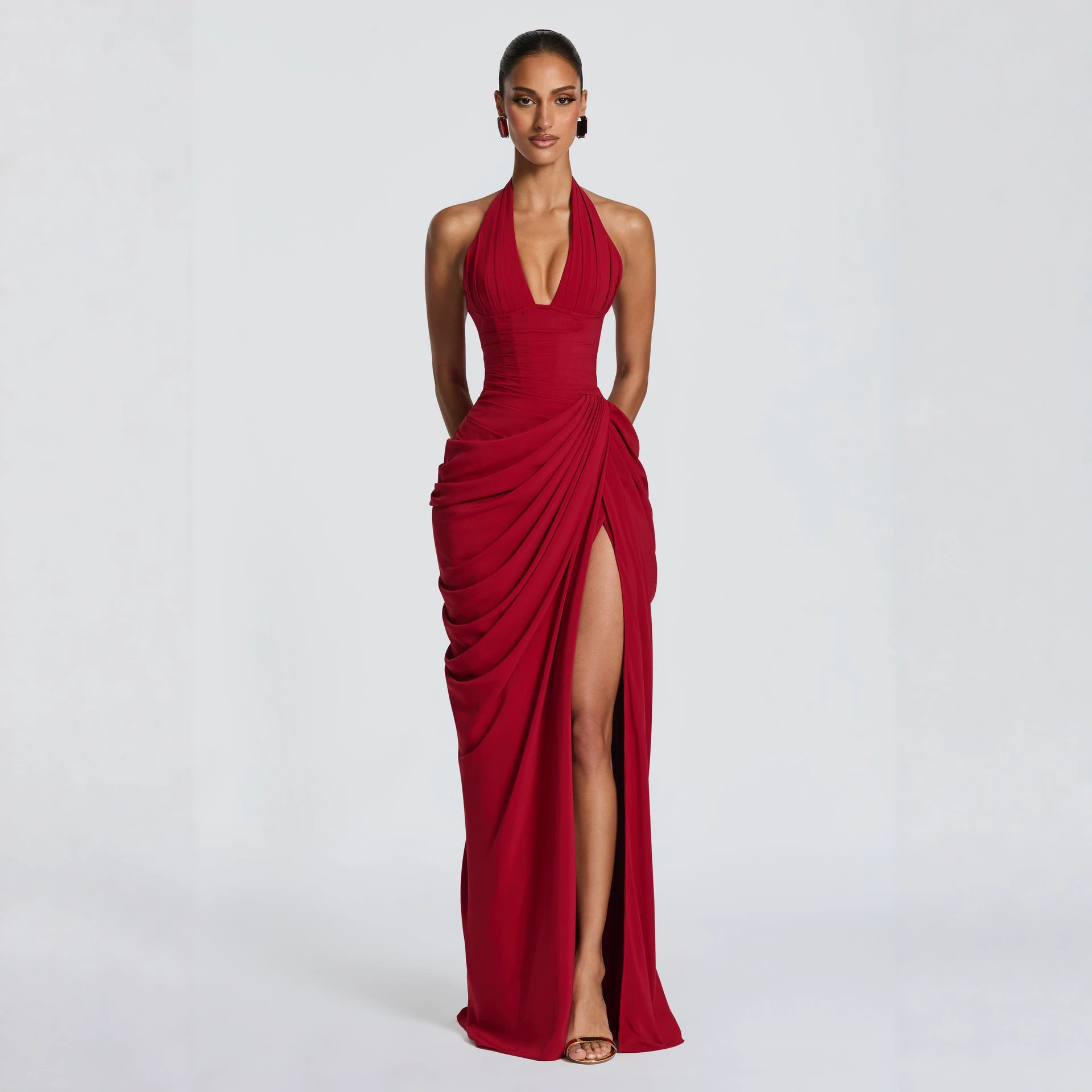 Women Halter V-Neck Pleated Bodycon Dress - Image 5