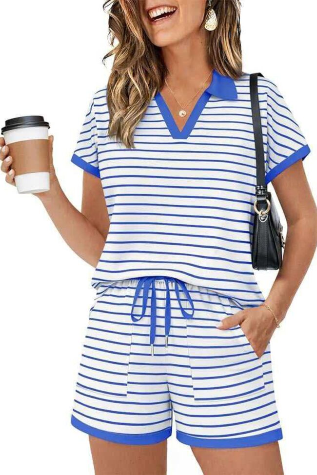 Striped Short Sleeve Color Blocking Two Piece Set Detail – La Rose Couture Trousers & Skirts