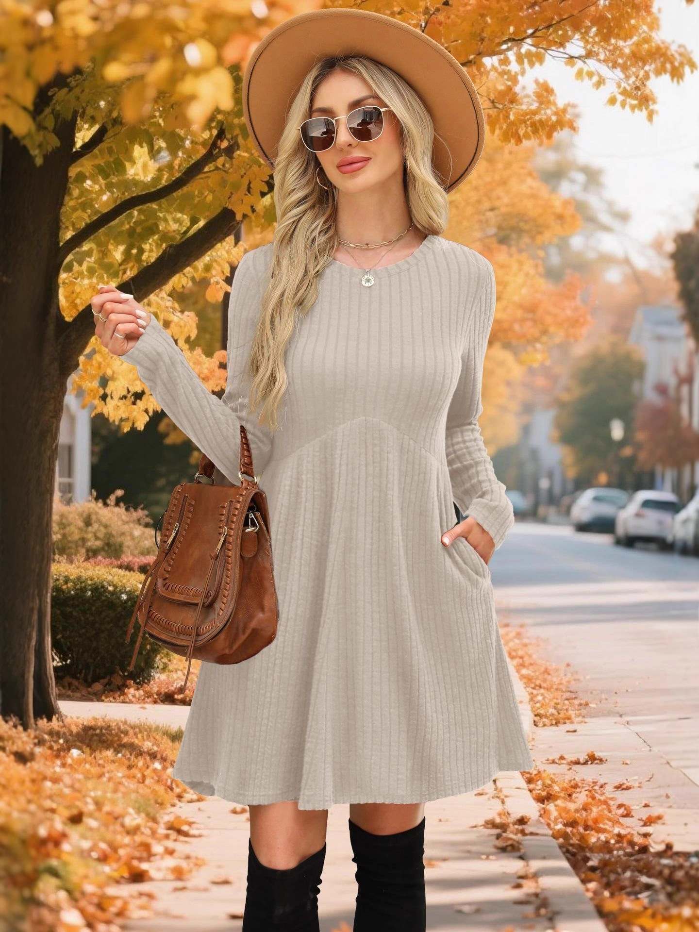 Women's Long Sleeve Knit Dress with Belt