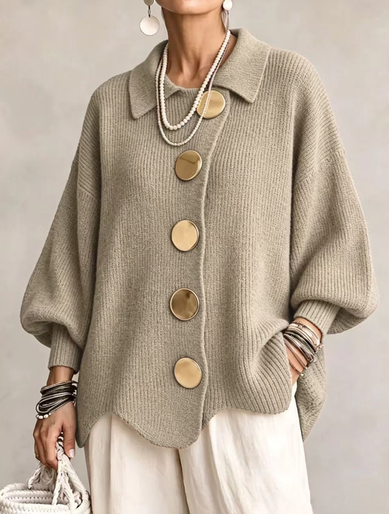 Women's knitted coat wave hem retro loose cardigan - Image 2