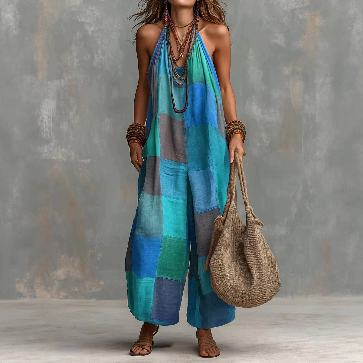 Womens Summer Casual Printed Plaid Jumpsuit - Image 4