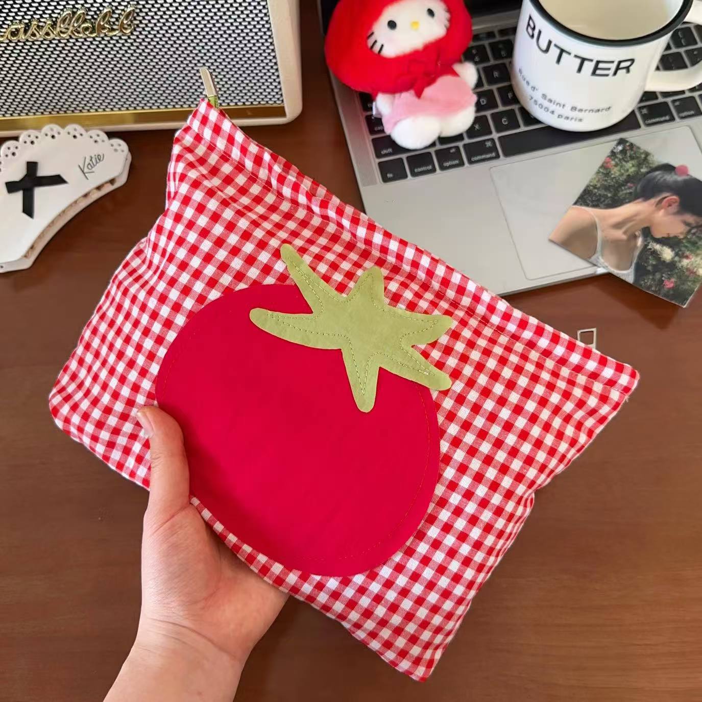 Cute Red Grid Tomato Cosmetic Bag Large Capacity Portable Hand Held Toiletry Bag - Image 4