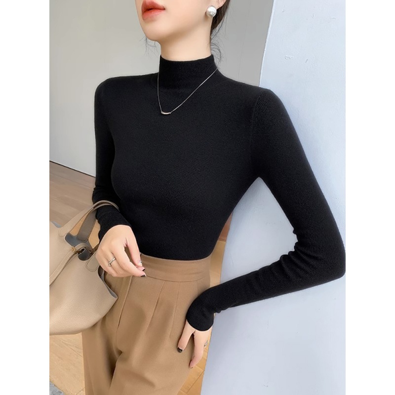 Winter and autumn black style semi-high-neck knitted women's top - Image 2