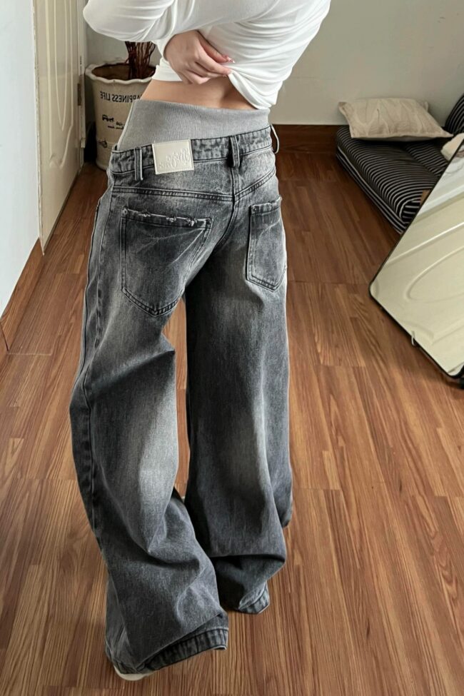 The Noemie Vintage Washed Double Waistband Wide Leg Jeans Detail – La Rose Couture Trousers & Skirts
