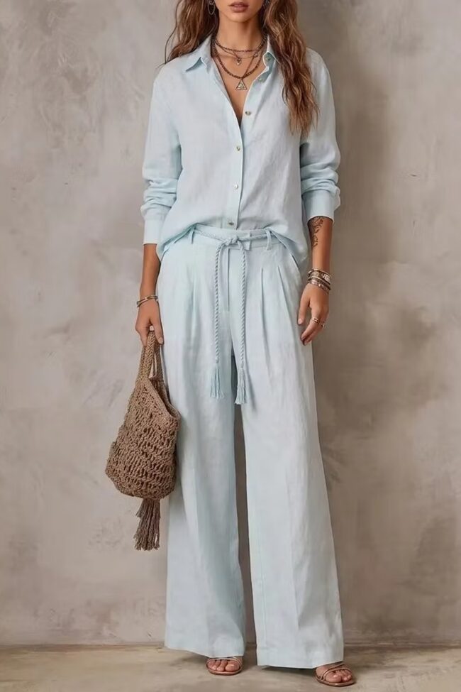 The Fleur Sleeveless Shirt and Wide Leg Pants Set Detail – La Rose Couture Trousers & Skirts