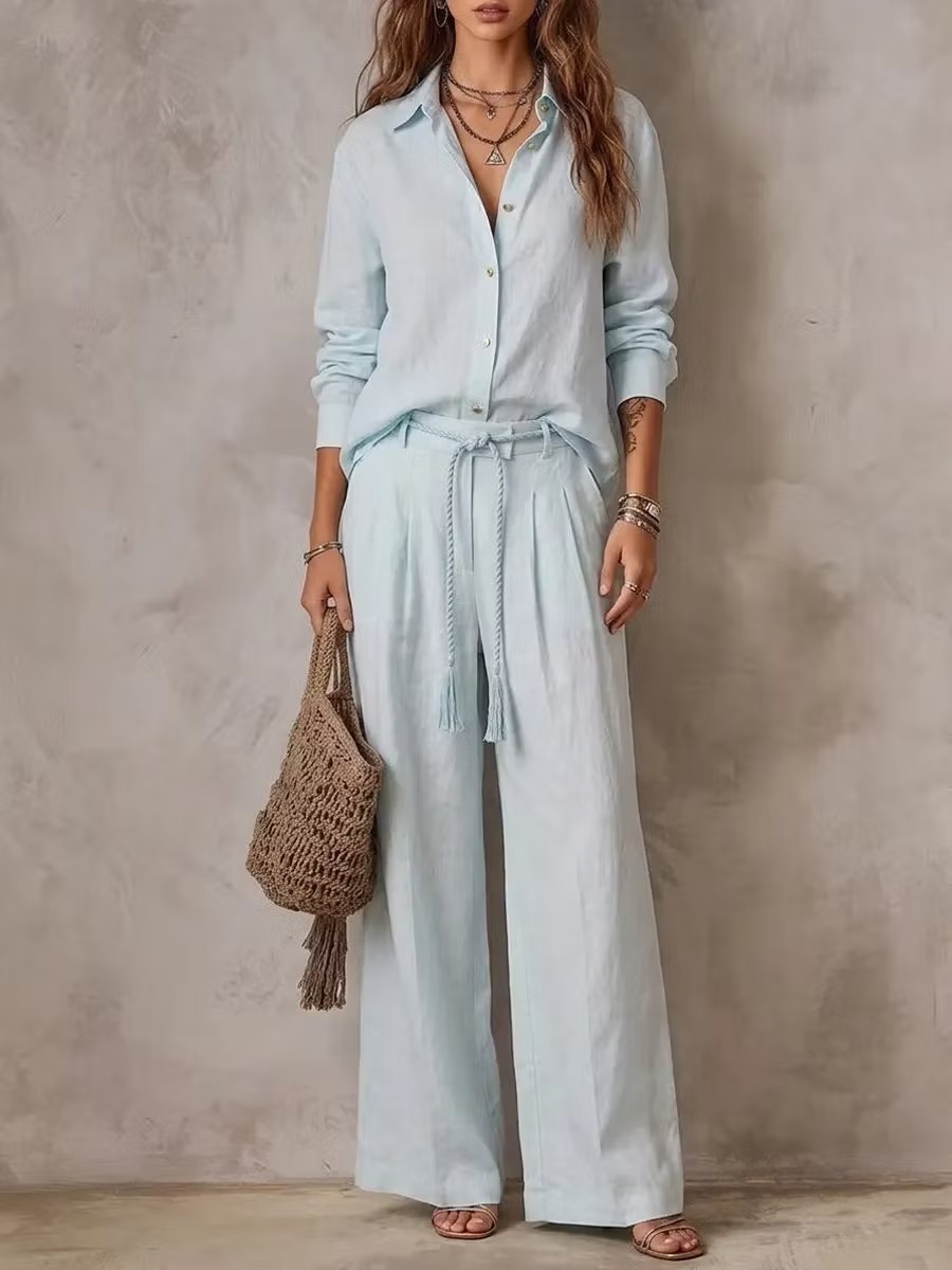 Womens Sleeveless Shirt and Wide-Leg Pants Set - Image 3