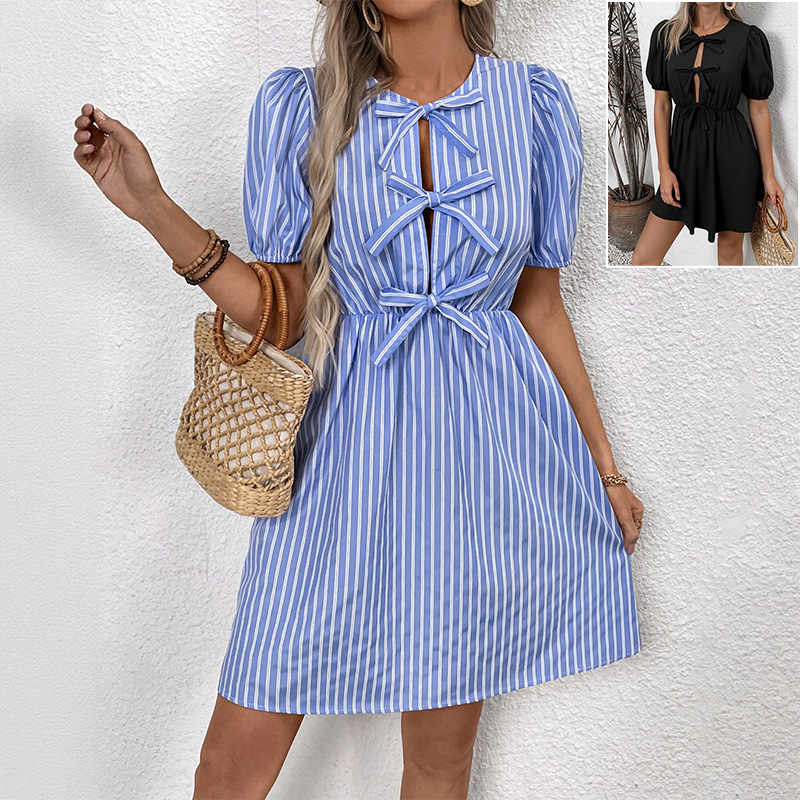 Retro Striped Bow Lace-up Dress