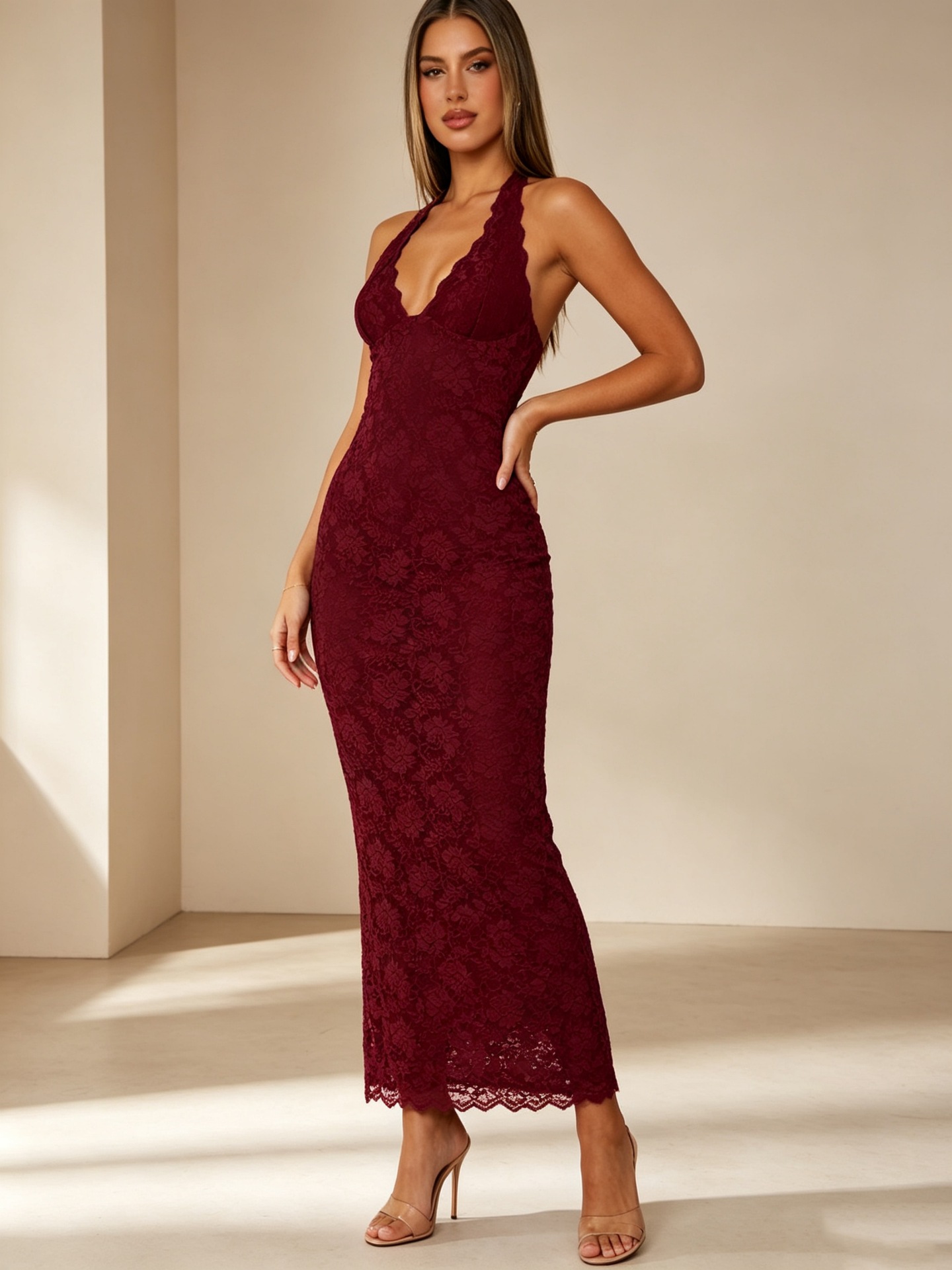 Women's Lace Halter Neck Bodycon Long Dress Sleeveless Backless V-Neck - Image 3
