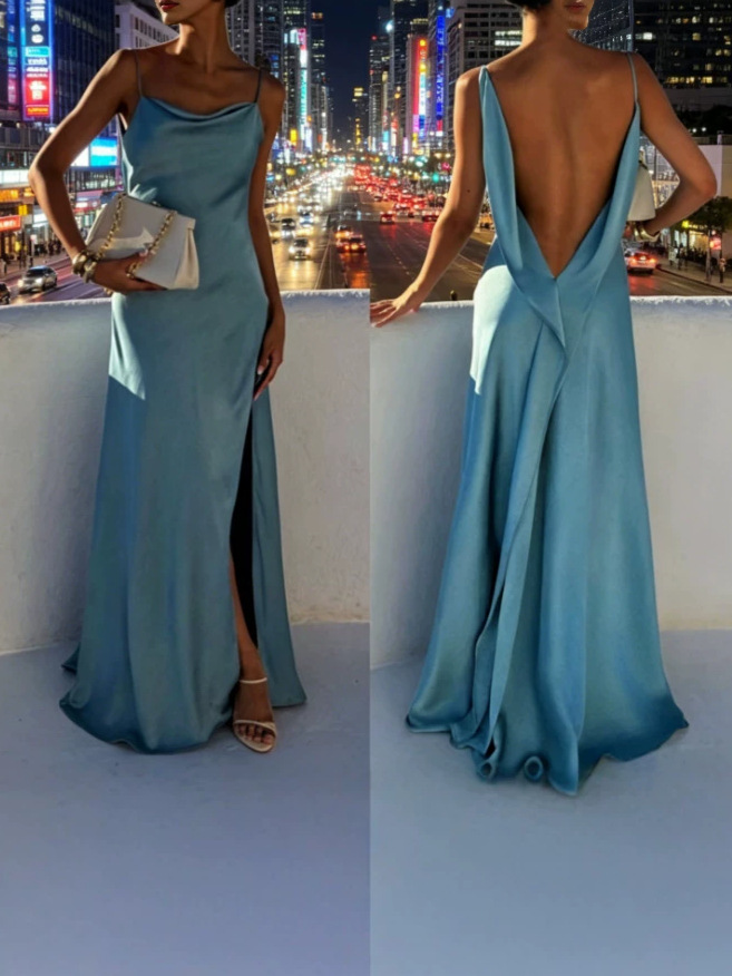 Satin Backless Long Dress with High Slit - Image 2