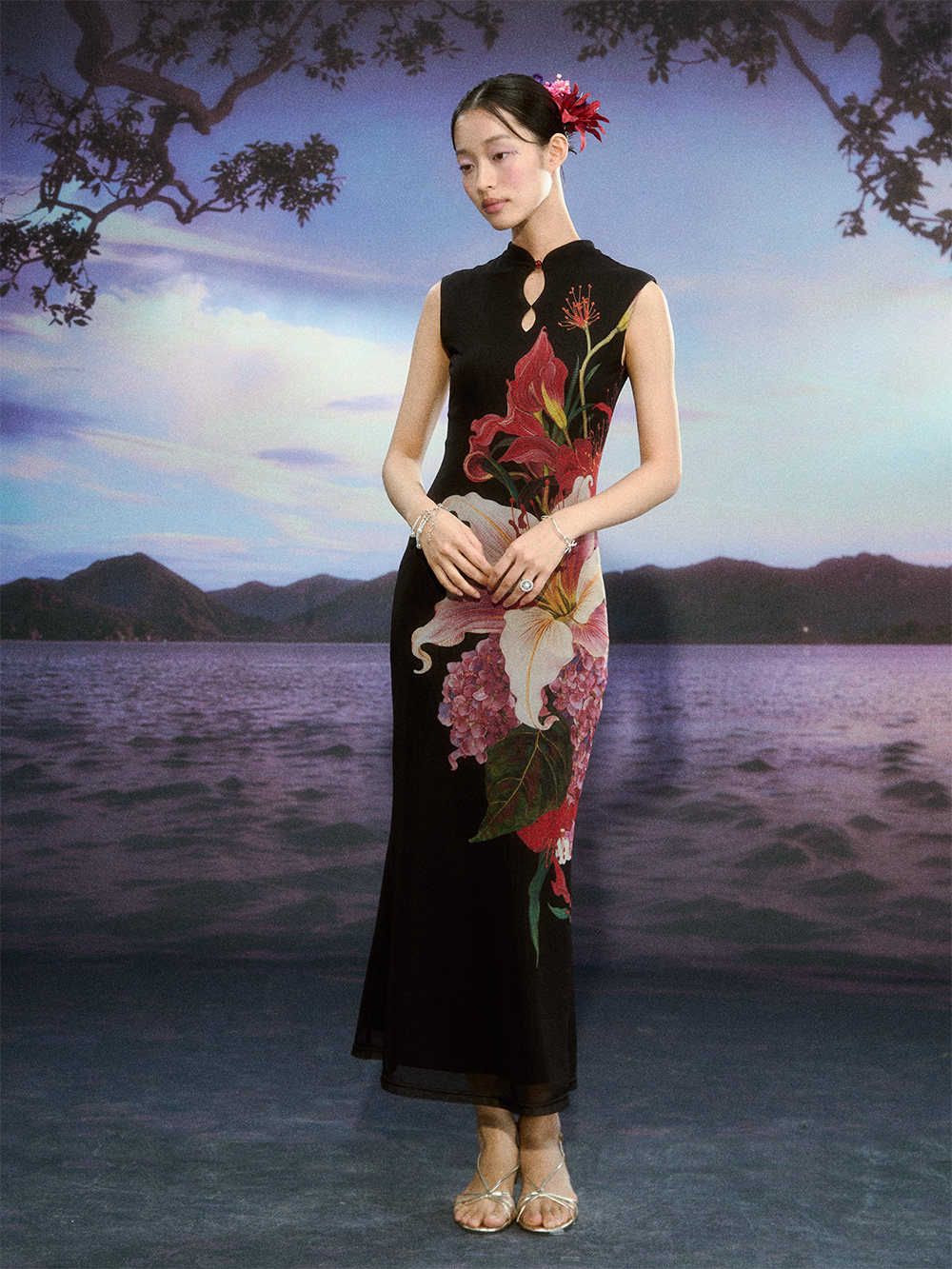 Floral Gradient Mesh Cheongsam Dress - Image 4