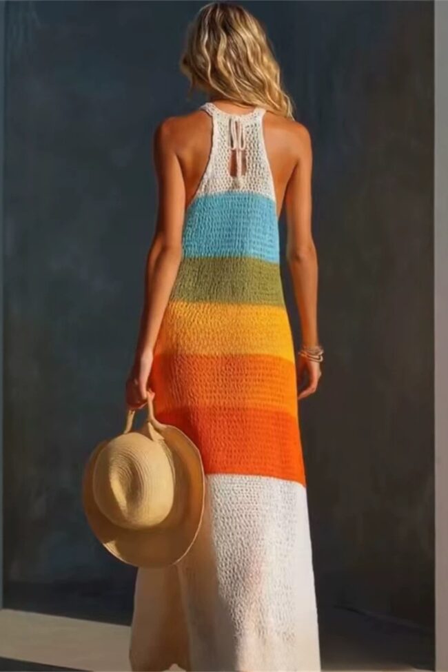 The Anais Large Stripe Patchwork Round Neck Sleeveless Knit Long Dress Detail – La Rose Couture Dresses & Gowns