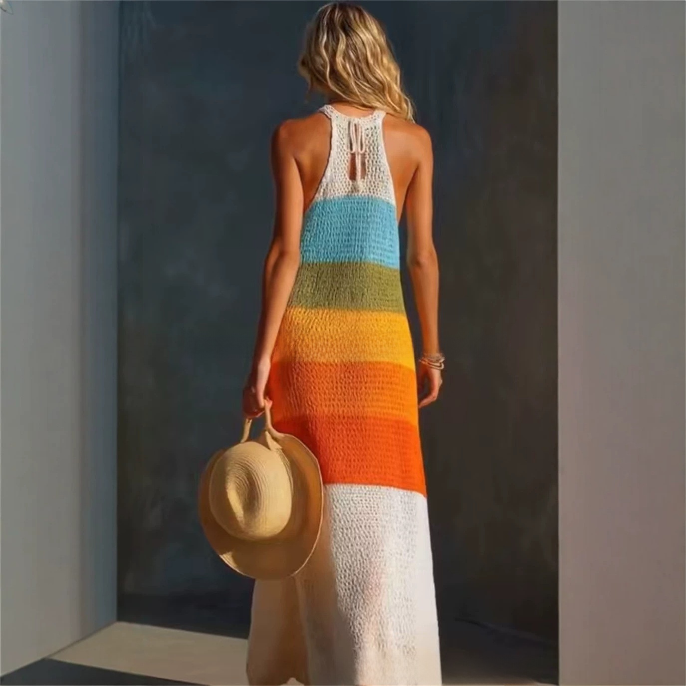 Large Stripe Patchwork Round Neck Sleeveless Knit Long Dress - Image 2