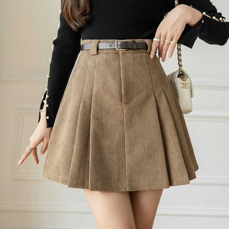 Womens High Waist Pleated Corduroy Skirt