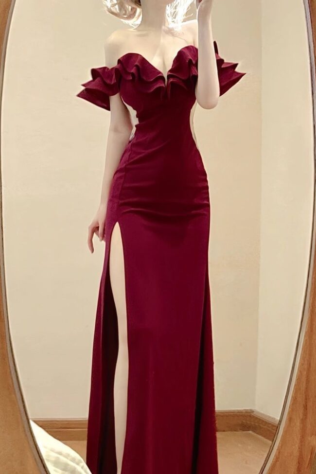 The Colette Elegant Off Shoulder Ruffled Strapless Dress with High Slit – La Rose Couture Dresses & Gowns