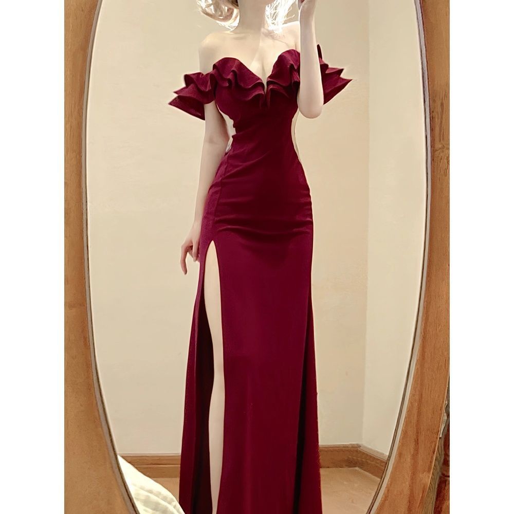 Elegant Off-Shoulder Ruffled Strapless Dress with High Slit