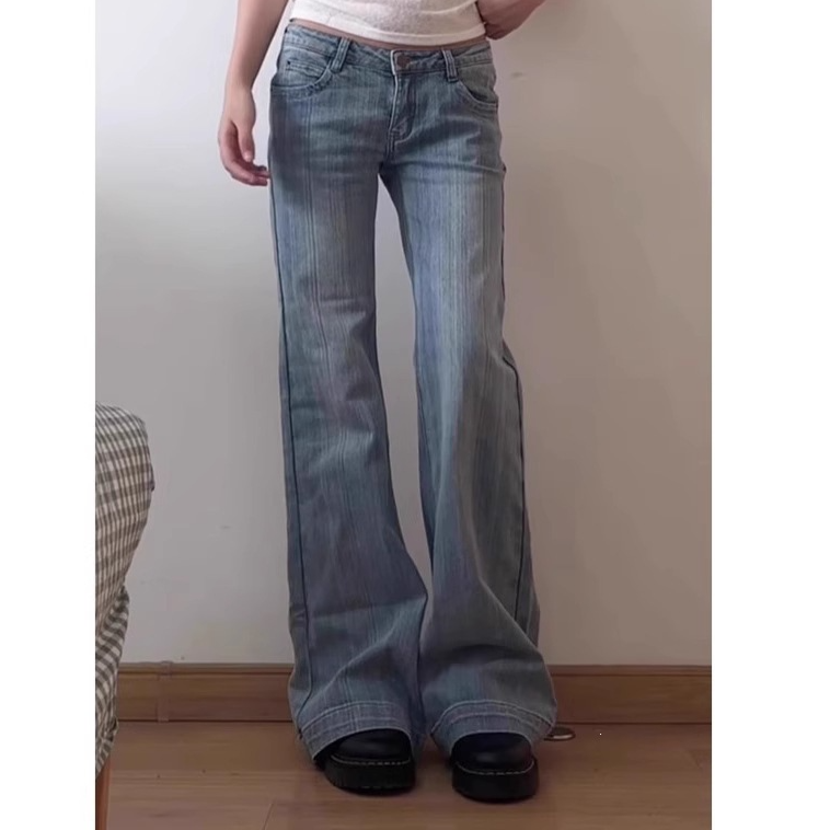 Womens Light Blue Flared Bootcut Jeans Low Waist Denim Pants