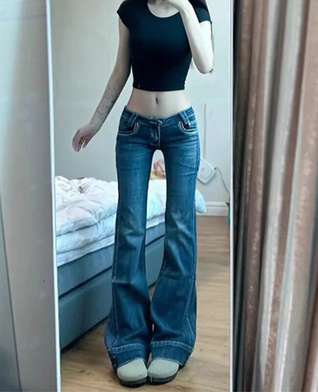 The Nina Retro Flared Denim Pants Detail – La Rose Couture Trousers & Skirts