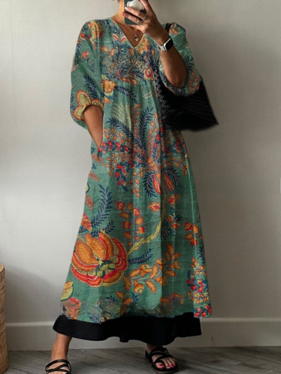 Womens Loose VNeck Long Sleeve Print Dress