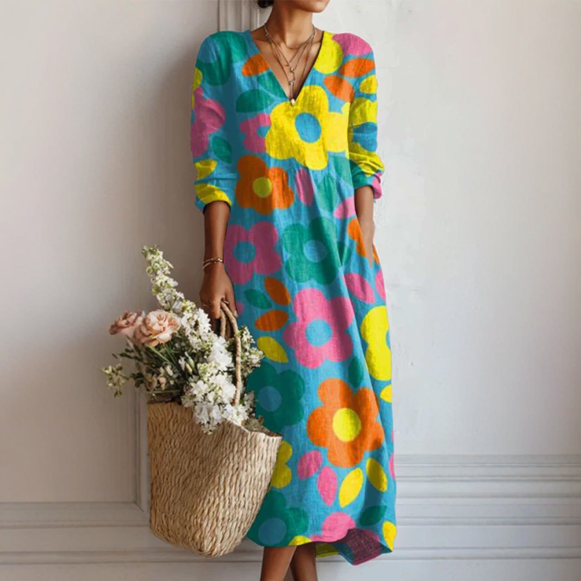 Womens V-Neck Printed Dress - Image 2