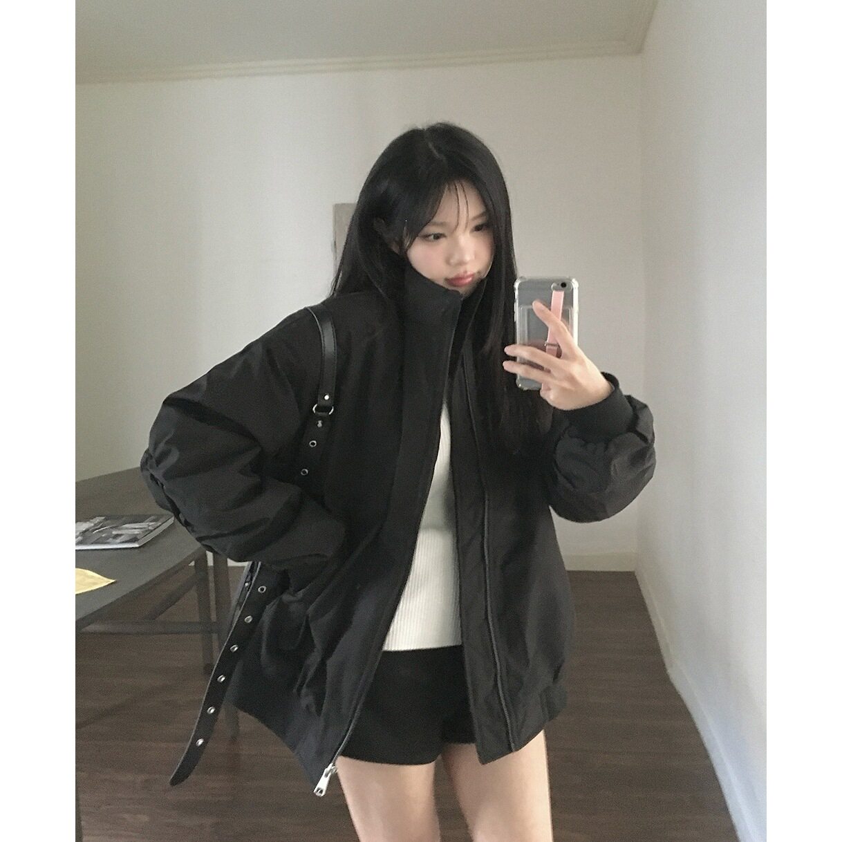 Women's Korean Style Stand-Up Collar Pilot Sleeve Pleated Cotton-Padded Jacket - Image 2